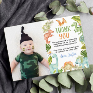 Jungle Dinosaurs Birthday Photo Thank You Card