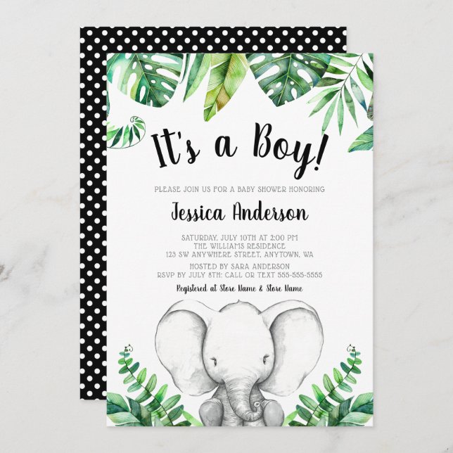 Jungle Elephant Boy Baby Shower Invitations Black (Front/Back)
