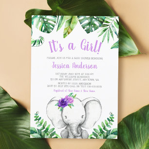 Jungle Elephant Girl Purple Baby Shower Invitation