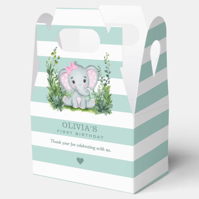 Jungle Elephant Green Girl 1st Birthday Thank You Favour Box (Opened)