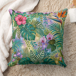 Jungle Fantasy Flowers Purple Green Gold Dreamy Cushion