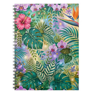 Jungle Fantasy Flowers Purple Green Gold Dreamy Notebook