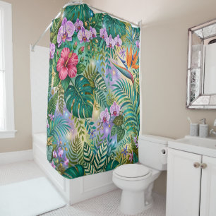 Jungle Fantasy Flowers Purple Green Gold Dreamy Shower Curtain