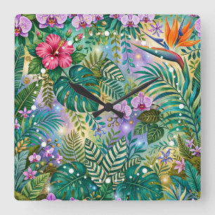 Jungle Fantasy Flowers Purple Green Gold Dreamy Square Wall Clock