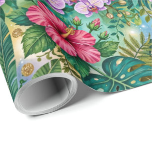 Jungle Fantasy Flowers Purple Green Gold Dreamy Wrapping Paper