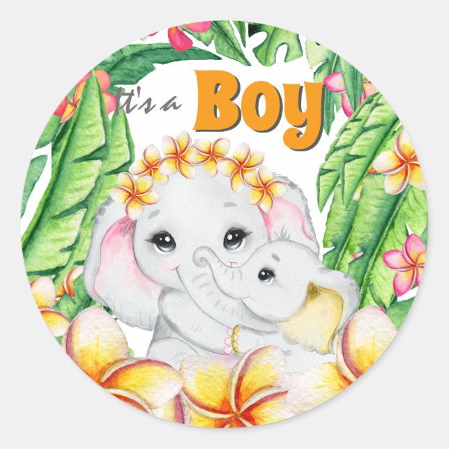 Jungle flower baby boy birth announcement classic round sticker (Front)