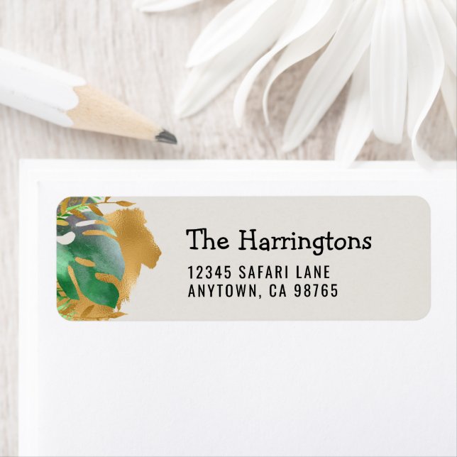 Jungle Foliage Gold Lion Green Ecru Return Address Label (Insitu)