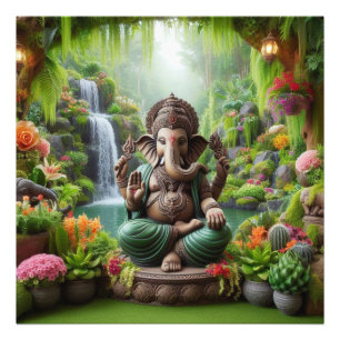 Jungle Ganesha Serene Waterfall Divine Art Photo Print
