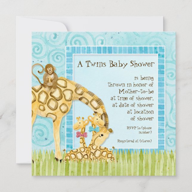Jungle Giraffe Baby Boy Girl Twins Shower Invite (Front)