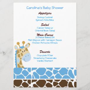 Jungle Giraffe Blue Custom Baby Shower Menu