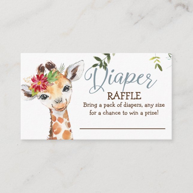 Jungle Giraffe Blue Grey Diaper Raffle Baby Shower Enclosure Card (Front)