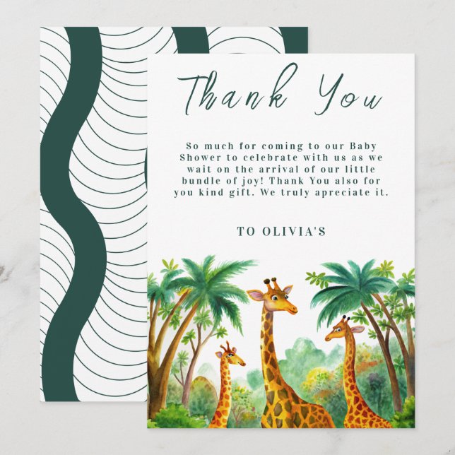 Jungle Giraffe Cute Elegant Hello Baby shower  Thank You Card (Front/Back)