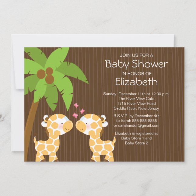 Jungle Giraffe Neutral Twin Baby Shower Invitation (Front)