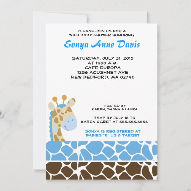 Jungle Giraffe Print (Blue) Baby Shower 5x7 Invite (Front)
