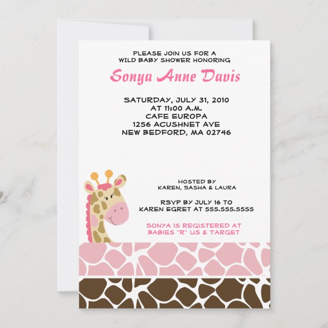 Jungle Giraffe Print (Pink) Baby Shower 5x7 Invite (Front)