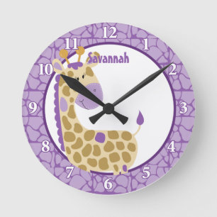 Jungle Giraffe Wall Clock (Purple) Add a Name