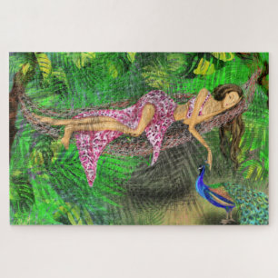 Jungle Girl and Peacock - Art Drawing Fantasy Jigsaw Puzzle