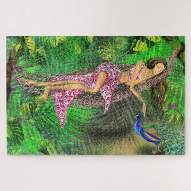 Jungle Girl and Peacock - Art Drawing Fantasy  Jigsaw Puzzle (Horizontal)