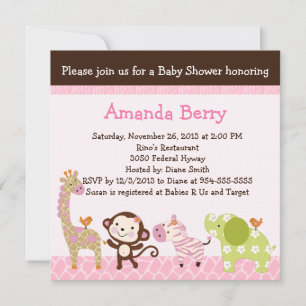 Jungle Girl Animals Baby Shower Invitation