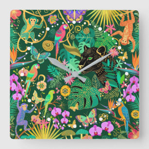 Jungle Golden Fantasy Surreal Exotic Square Wall Clock