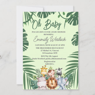Jungle Green Foilage Wild cute Animals Invitation