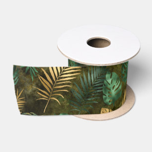 Jungle Green Yellow Tropical Palm Leaves Satin Ribbon