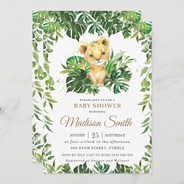 Jungle Greenery Adorable Lion Cub Boy Baby Shower  Invitation (Front/Back)