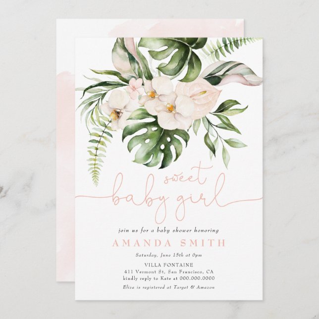 Jungle Greenery Pink Floral Sweet Girl Baby Shower Invitation (Front/Back)