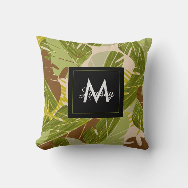 Jungle Greenery Safari Leaf Tropical Hand Drawn Cushion (Front)