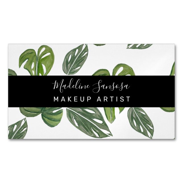 Jungle Greenery Watercolor Monstera Salon Makeup  Magnetic Business Card (Front)