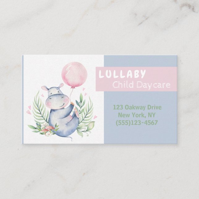 Jungle Hippo In Floral Child Daycare Service Business Card (Front)