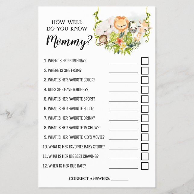 Jungle How well do you know Mom Shower game card (Front)