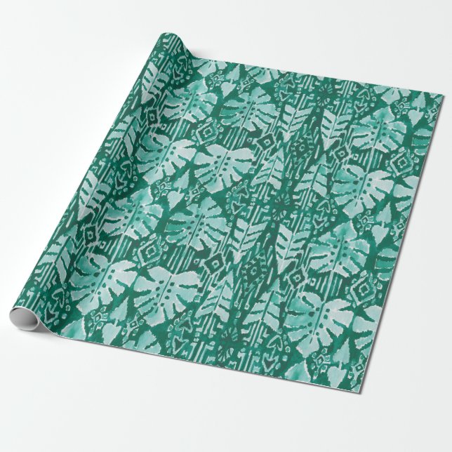 JUNGLE IKAT Hawaiian Green Tribal Tropical Wrapping Paper (Unrolled)