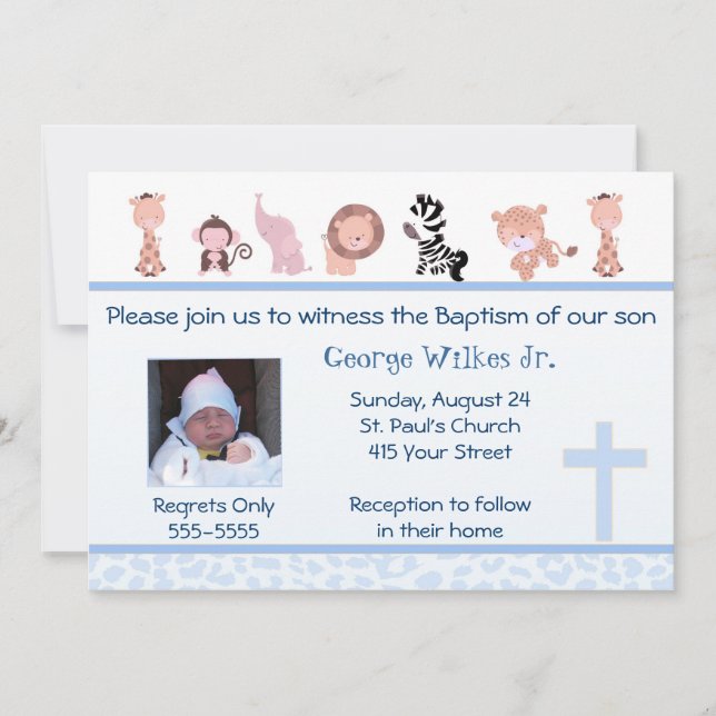 Jungle Invitation Boy Baptism Christening Blue (Front)