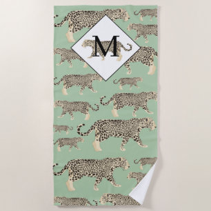 Jungle Jaguar Animal Pattern Initial Monogram  Beach Towel