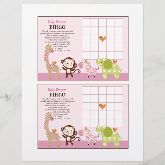Jungle Jill Girl Animals "Baby Shower Bingo" sheet (Front)