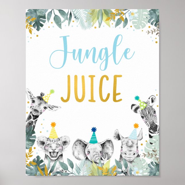 Jungle Juice Blue Gold Party Animal Birthday Sign (Front)