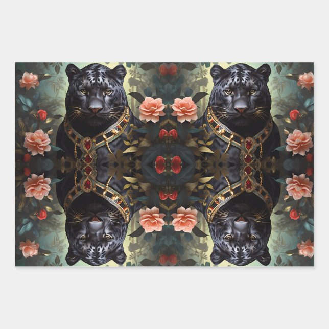 Jungle king majestic lion panther & tiger wrapping paper sheet (Front)