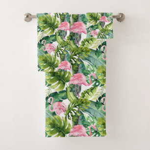 Jungle Leaves Pink Flamingo Bath Towel Set