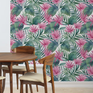 Jungle Leaves Pink Green Palm Leaf Wallpaper