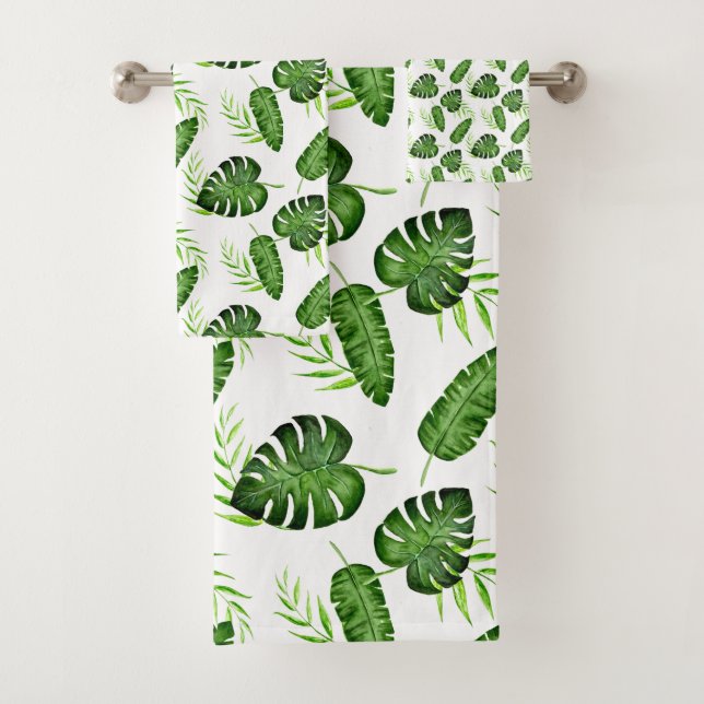 Jungle Leaves Tropical Watercolor Botanical Chic Bath Towel Set (Insitu)