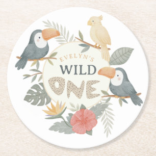 Jungle Leopard Tropical Toucan First Birthday Round Paper Coaster