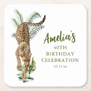 Jungle Leopard Watercolor 40th Birthday Party Name Square Paper Coaster