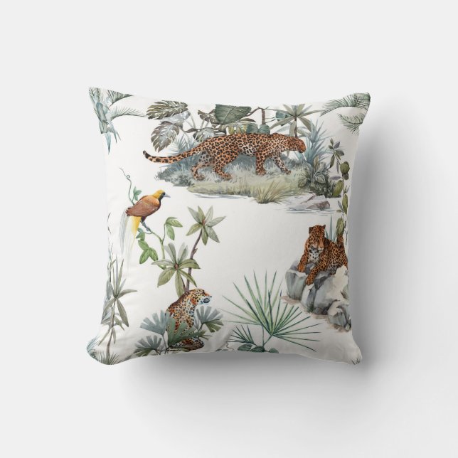 Jungle Leopard Watercolor Tropical Scene Cushion (Front)