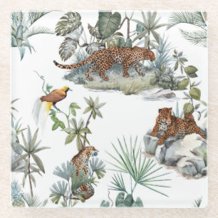 Jungle Leopard Watercolor Tropical Scene Glass Coaster
