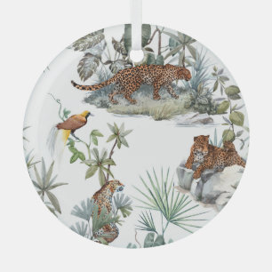 Jungle Leopard Watercolor Tropical Scene Glass Tree Decoration