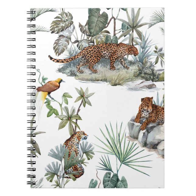 Jungle Leopard Watercolor Tropical Scene Notebook (Front)
