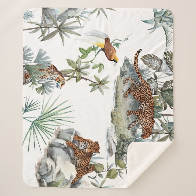Jungle Leopard Watercolor Tropical Scene Sherpa Blanket (Front)