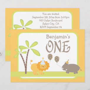 Jungle Lion and Hippo First Birthday Party Invitation