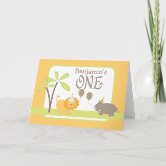 Jungle Lion and Hippo Happy 1st Birthday Card